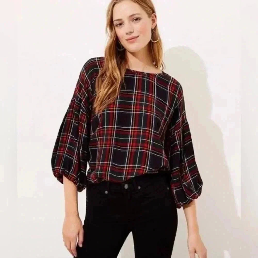 NWT Loft spartan Plaid Button Back Balloon Sleeve Blouse sz xs